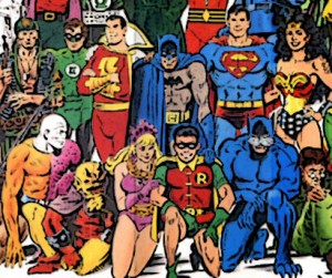 DC Jam poster detail featuring Robin, Amethyst, Wildcat, the Demon Etrigan, Metamorpho, Cain, Sgt. Rock, Green Lantern II, Captain Marvel, Batman, Superman, and Wonder Woman